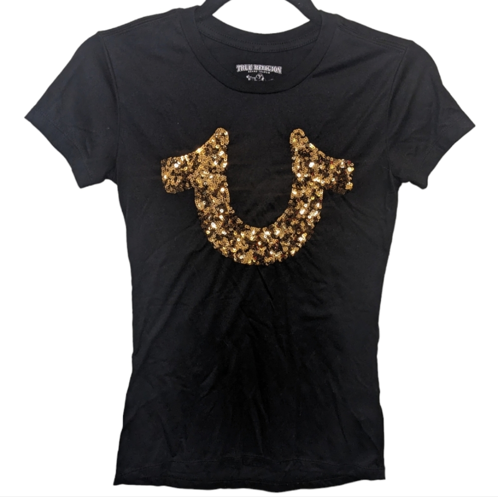 True Religion Women's Black Sequin Logo Tee ✨ - Picture 2 of 9